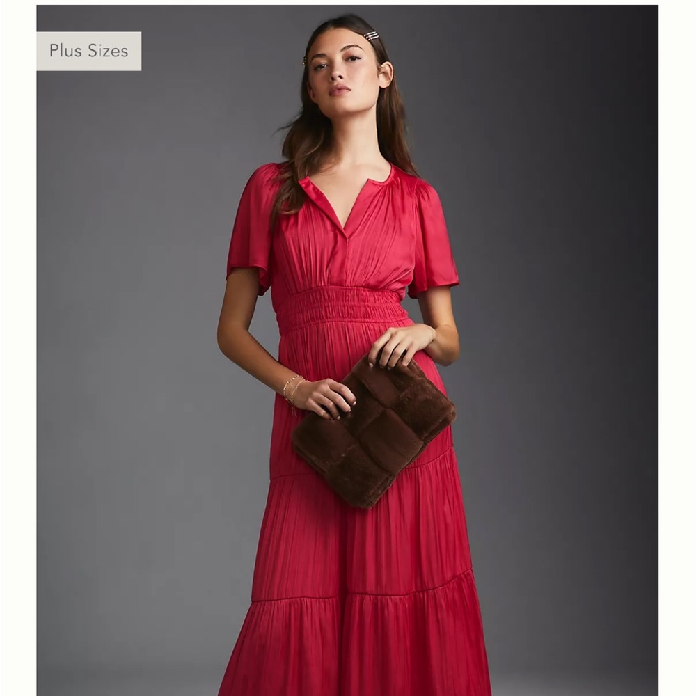 Anthropologie Pink Flutter Sleeve Tiered Maxi Dress